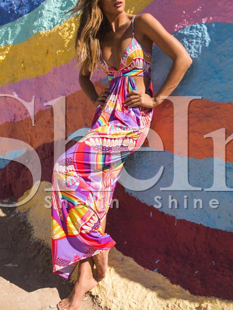 Shein Multicolor Spaghetti Strap Cut Out Geometric Print Maxi Dress