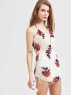 Shein Floral Deep V Tassel Tie Backless Jumpsuit