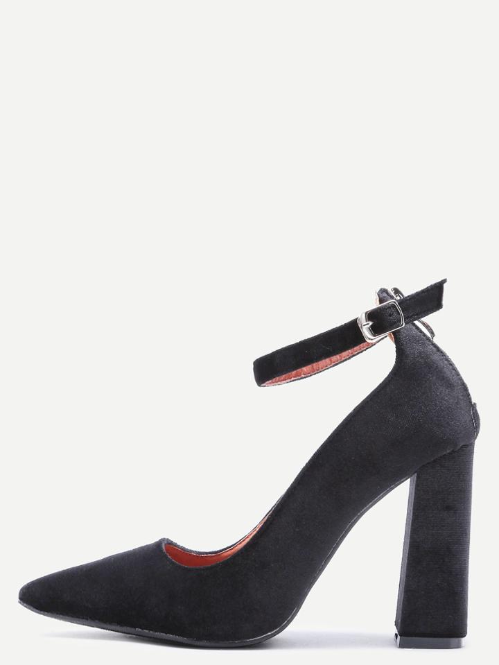 Shein Black Velvet Point Toe Ankle Strap Heeled Pumps