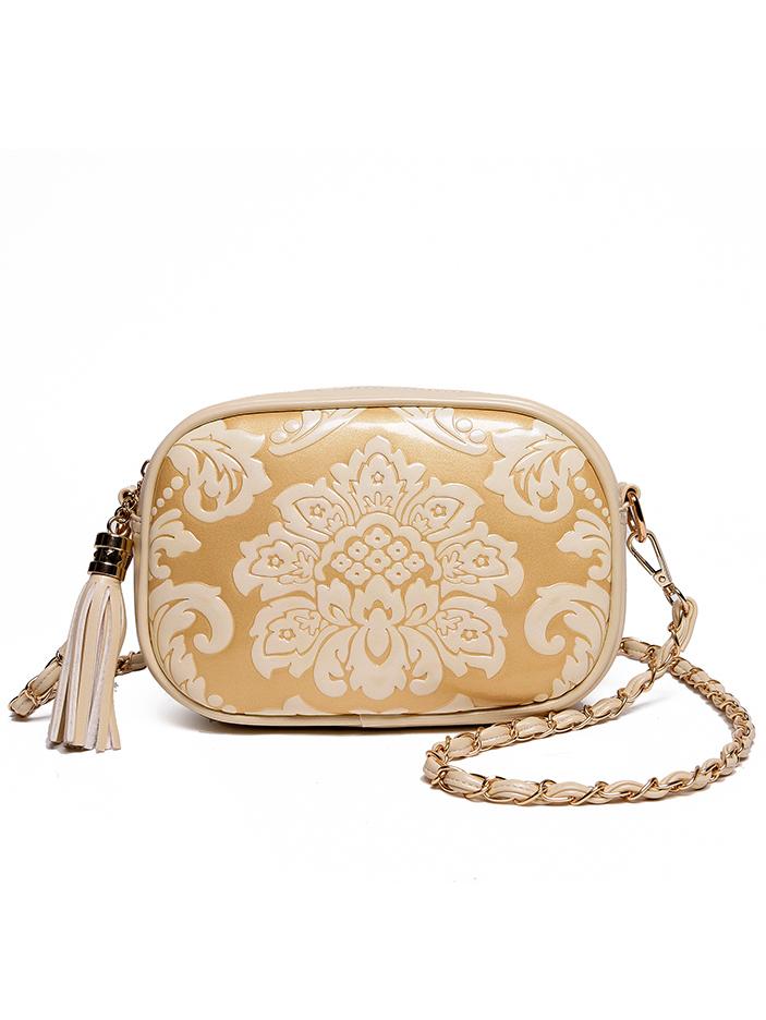 Shein Flower Embossed Tassel Zip Chain Strap Bag - Beige