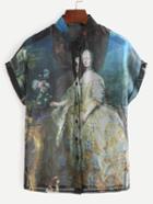 Shein Stand Collar Vintage Print Cuffed Shirt