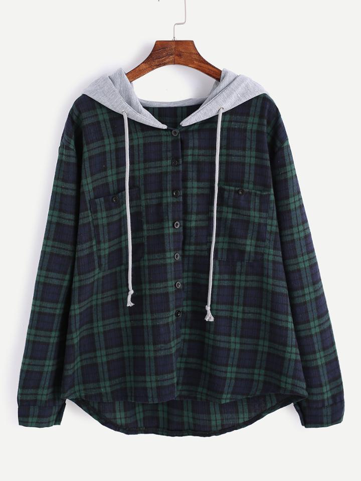 Shein Hodded Button Front Check Sweatshirt With Chest Pockets