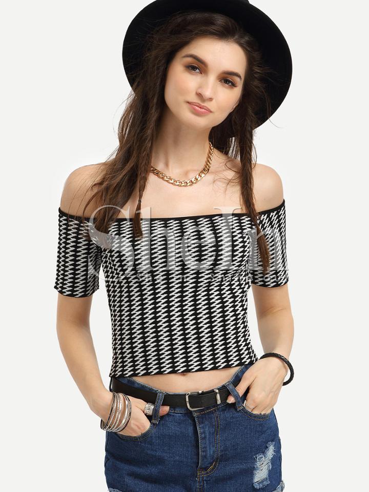 Shein Black White Off The Shoulder Striped Crop T-shirt