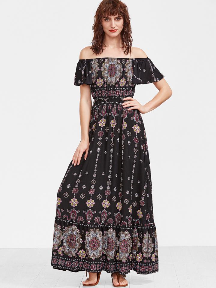 Shein Flower Print Bardot Neckline Frill Dress