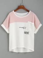 Shein Contrast Yoke Ripped Pocket Dip Hem Tee