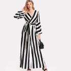 Shein Bishop Sleeve Striped Wrap Jumpsuit