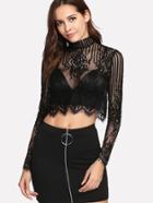 Shein Button Keyhole Back Eyelash Lace Crop Top