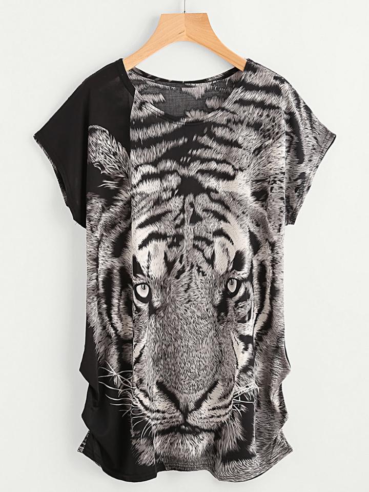Shein Tiger Print Dolman Sleeve Shirred Side Longline Tee