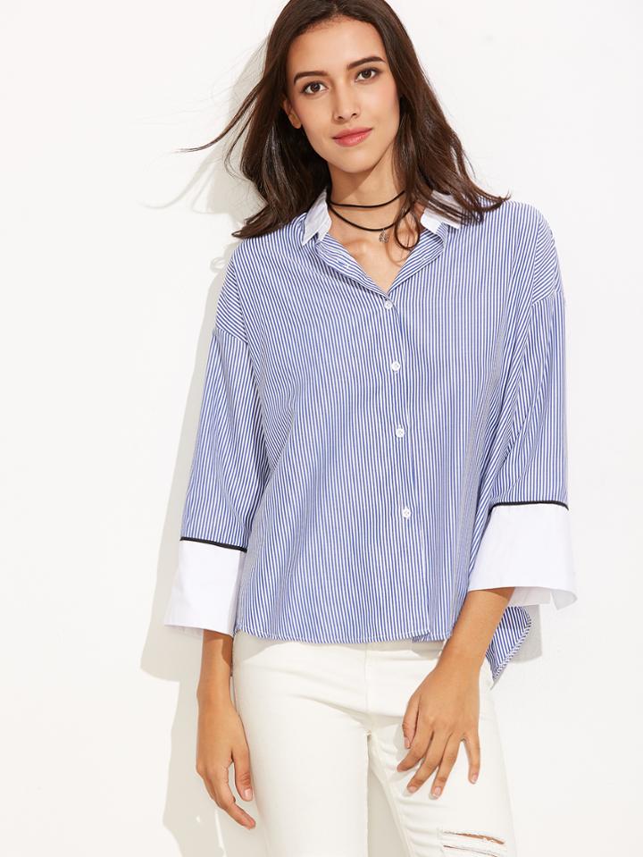 Shein Blue Striped Embroidered Contrast Trim Dip Hem Shirt