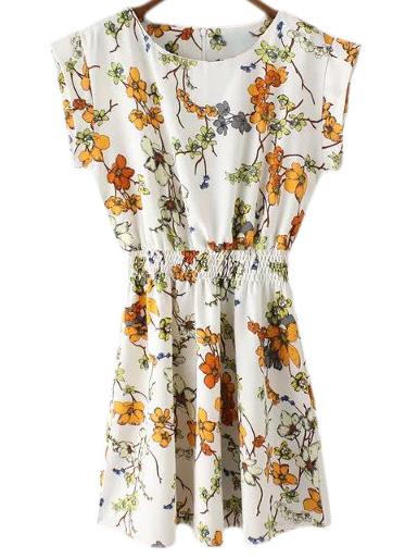 Shein Multicolor Zipper Back Elastic Waist Floral Print Dress