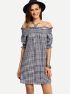 Shein Blue White Plaid Off The Shoulder Shirt Dress