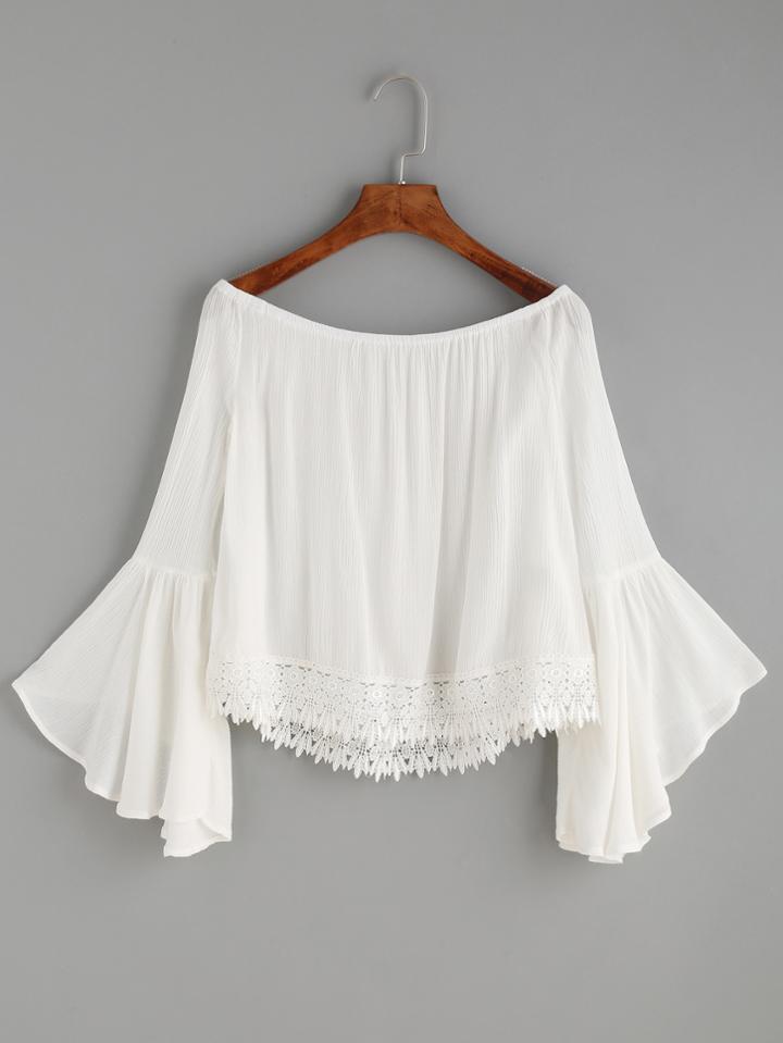 Shein Lace Trim Trumpet Sleeve Bardot Top