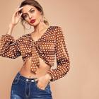 Shein Knot Front Polka Dot V-neck Top