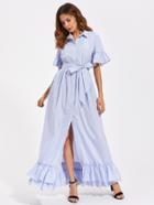 Shein Trumpet Sleeve Layered Frill Hem Pinstripe Shirt Dress