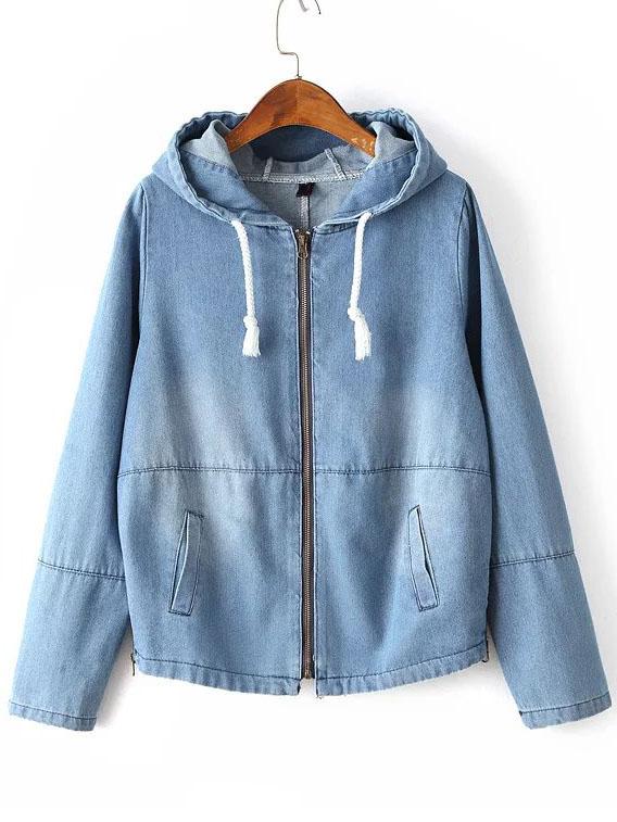Shein Light Blue Zipper Up Drawstring Hooded Jacket With Pocket