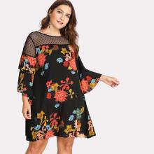 Shein Plus Dot Mesh Shoulder Ruffle Sleeve Floral Dress
