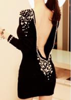 Rosewe Open Back Faux Pearls Decorated Black Sheath Dress