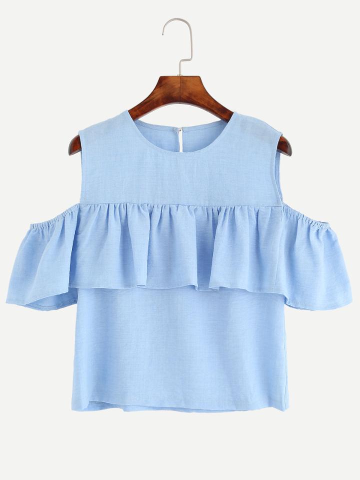 Shein Blue Open Shoulder Ruffle Top
