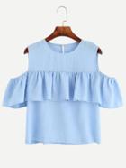 Shein Blue Open Shoulder Ruffle Top