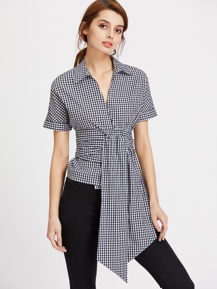 Shein Collared Surplice Front Gingham Obi Belt Wrap Blouse