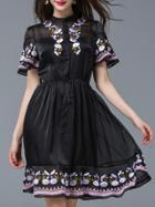 Shein Black Bell Sleeve Embroidered A-line Dress