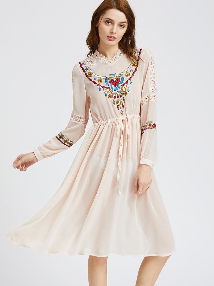 Shein Apricot Embroidery Crochet Insert Tie Waist Dress