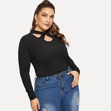 Shein Plus Twist Detail Caged Mock-neck Solid Tee