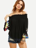 Shein Black Off The Shoulder Embroidered Bell Sleeve Blouse