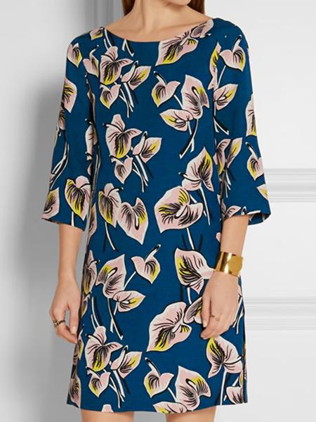 Shein Blue Crew Neck Backless Print Shift Dress