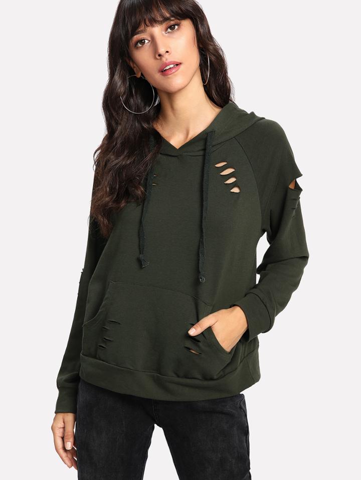 Shein Raglan Sleeve Ripped Hoodie