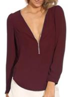 Rosewe Fascinating V Neck Long Sleeve Wine Red T Shirt