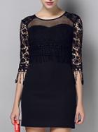 Shein Black Round Neck Half Sleeve Crochet Hollow Tassel Dress