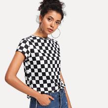 Shein Grid Print Ringer Neck Tee