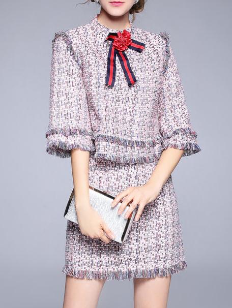 Shein Pink Bowknot Top With Fringe Skirt