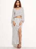 Shein Striped V Neck Cutout Top With Split Hem Skirt