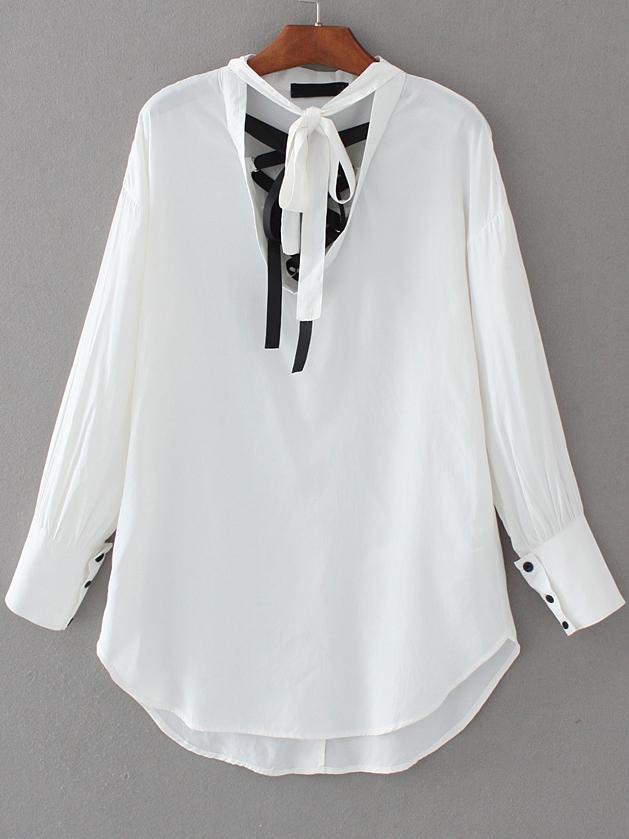 Shein White Tie Neck Curved Hem Blouse