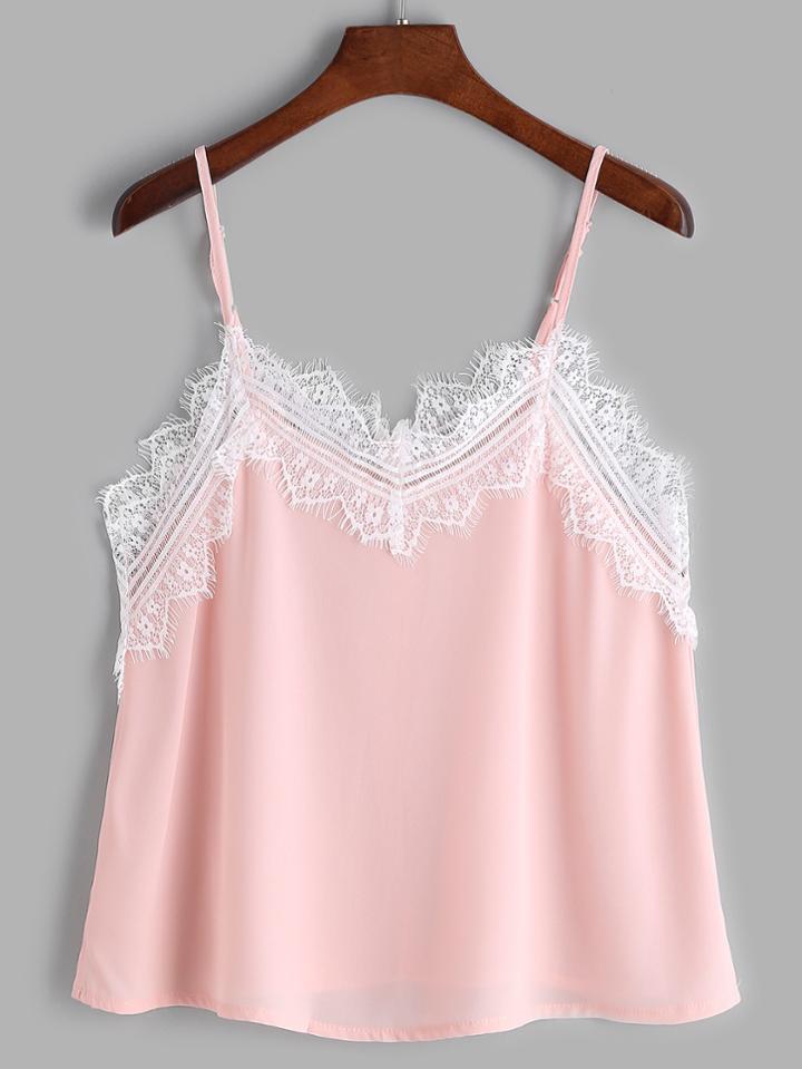 Shein Pink Contrast Eyelash Lace Trim Cami Top