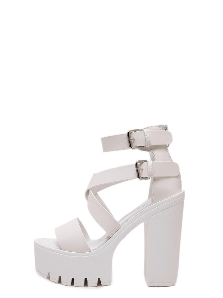 Shein White Peep Toe Buckle Platform Chunky Pumps