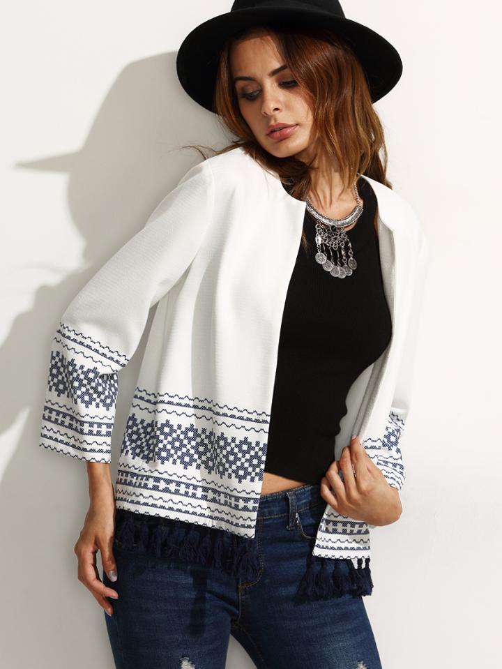 Shein White Print Long Sleeve Tassel Trim Cardigan Outerwear