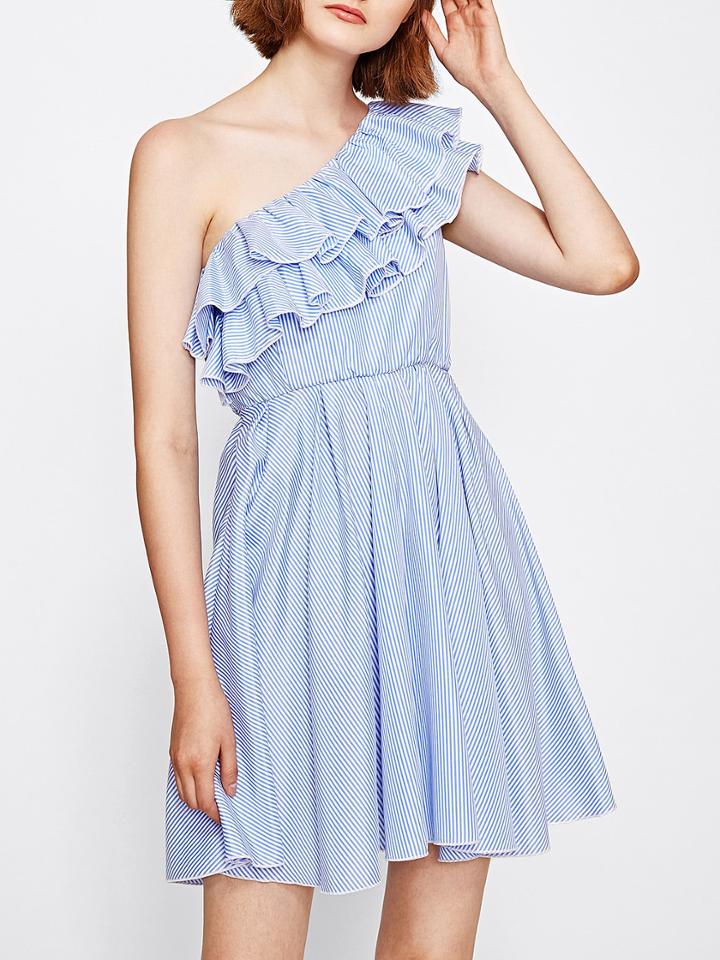 Shein Layered Flounce Trim One Shoulder Pinstripe Dress
