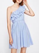 Shein Layered Flounce Trim One Shoulder Pinstripe Dress