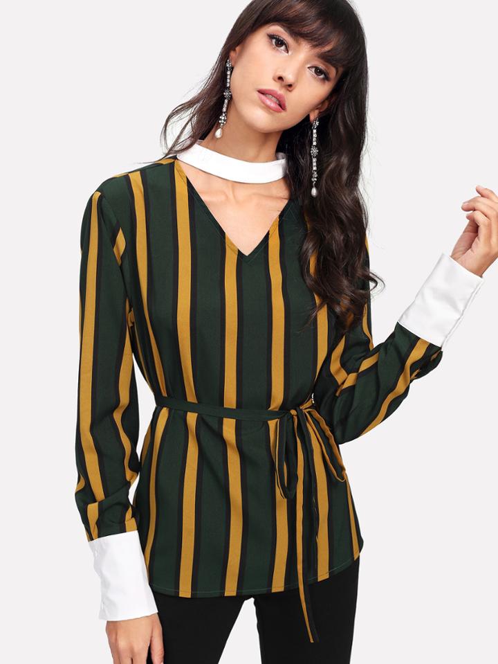 Shein Contrast Choker Neck And Cuff Striped Blouse