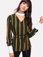 Shein Contrast Choker Neck And Cuff Striped Blouse