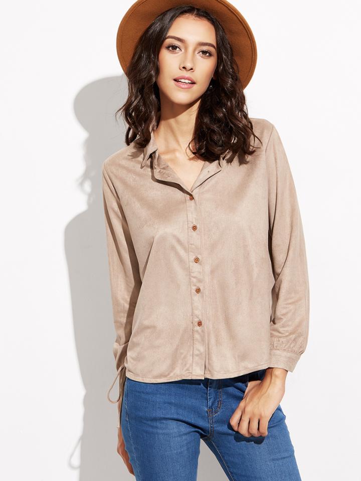 Shein Camel Faux Suede Side Tie Blouse