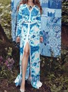Shein Blue V Neck Split Print Maxi Dress