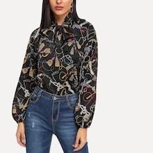 Shein Tie Neck Chain Print Blouse
