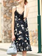 Shein Black Yellow Spaghetti Strap Flowers Print Dress