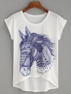 Shein White Horse Print High Low T-shirt