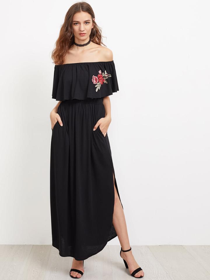Shein Flounce Layered Embroidered Applique Slit Side Curved Hem Dress