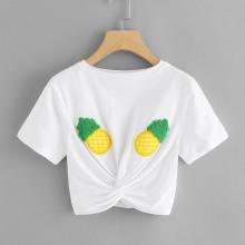 Shein Pineapple Applique Twist Crop Tee